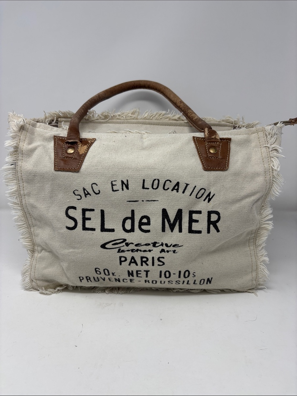 SEL de MER Canvas Tote Bag with Brown Leather Handles